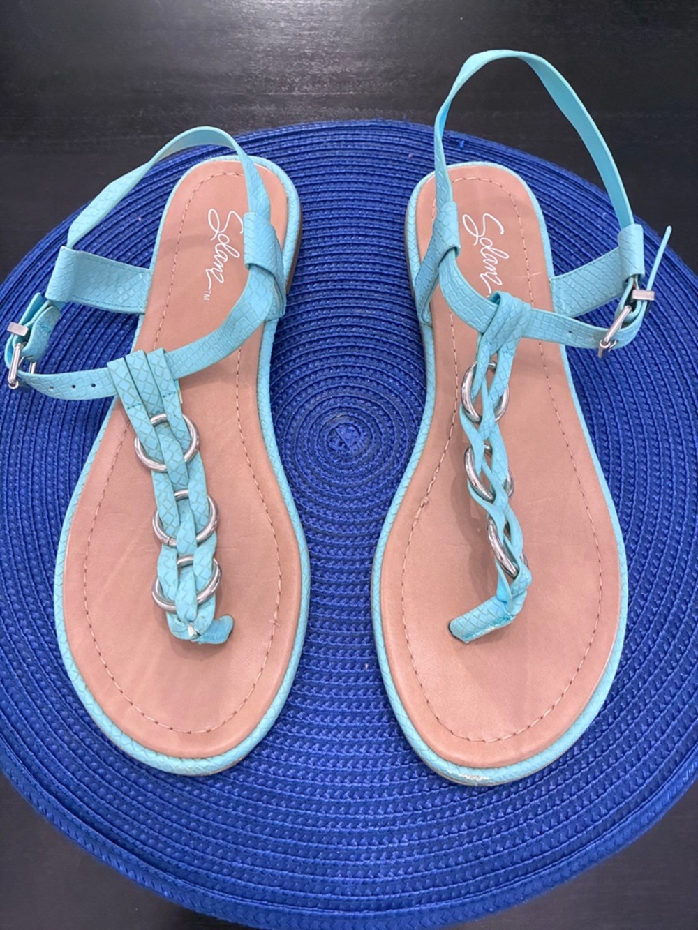 Solanz Aqua Braided T‑Strap Sandals with Silver Chain Accent